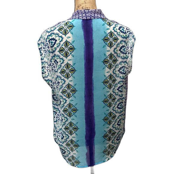 August Silk Surplice Blouse Two Tone Blue Mixed Prints Bohemian Size Medium - Picture 2 of 4
